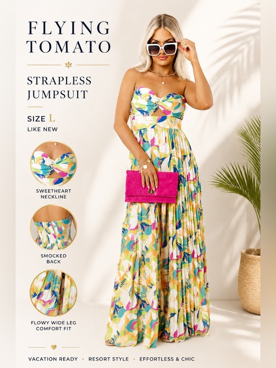 Flying Tomato Pants - Flying Tomato Strapless Tropical Print Wide Leg Jumpsuit Size L